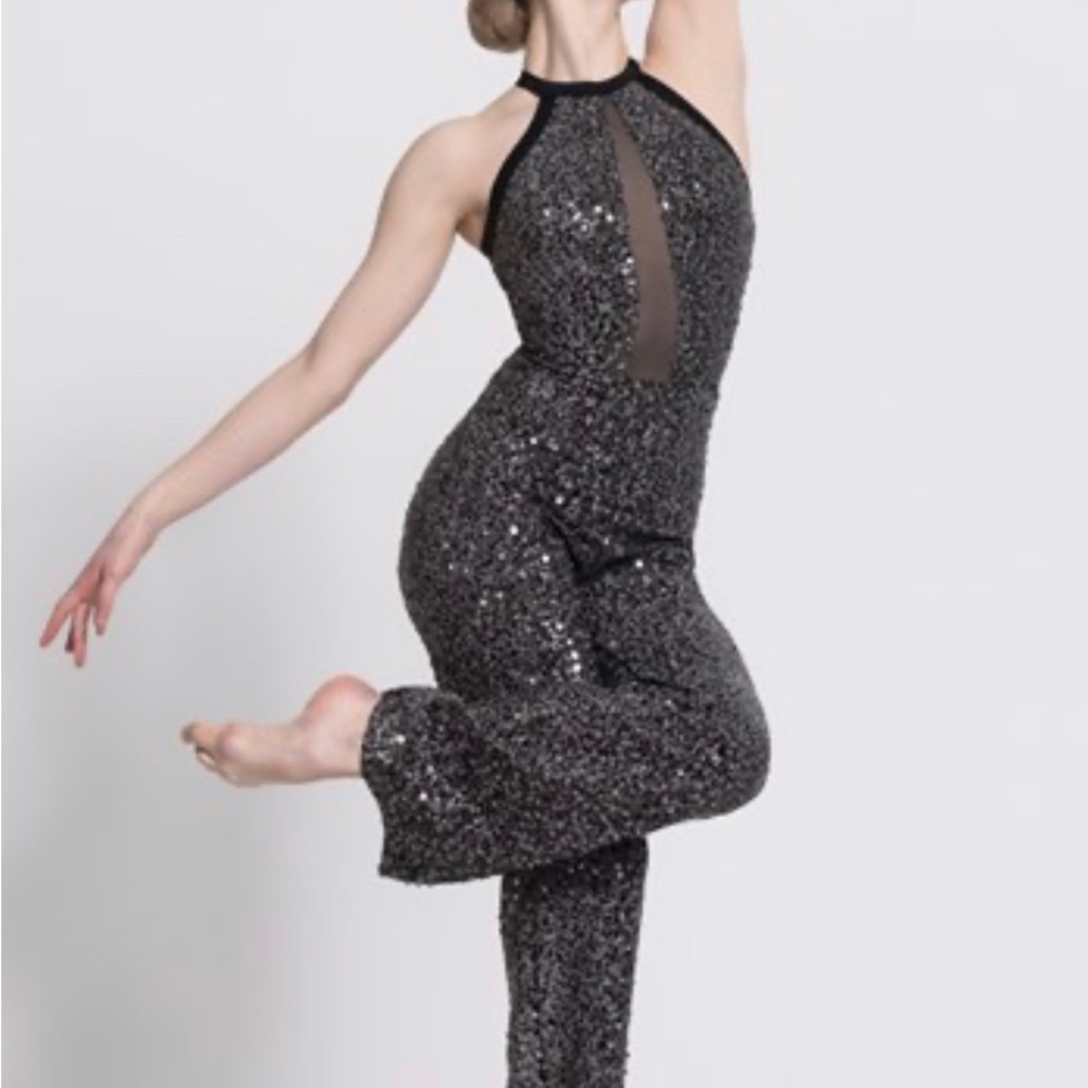 Sequined Halter Straight-Leg Jumpsuit in Black